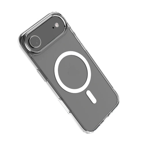 Transparent magnetic phone case for iPhone 17 series models on a plain background