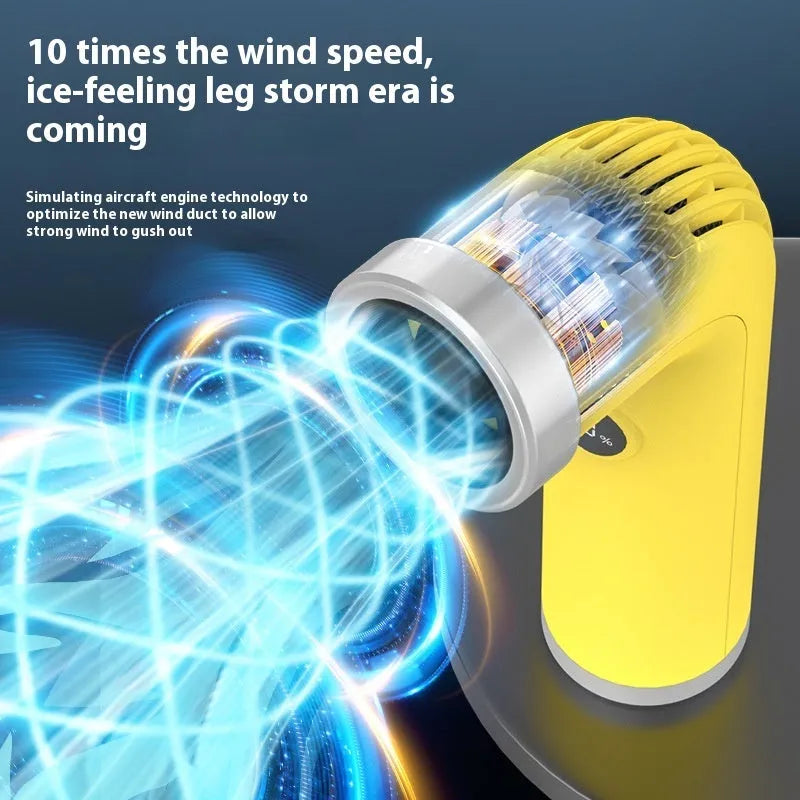 Bladeless handheld fan in apricot colour with USB charging port and turbine airflow design