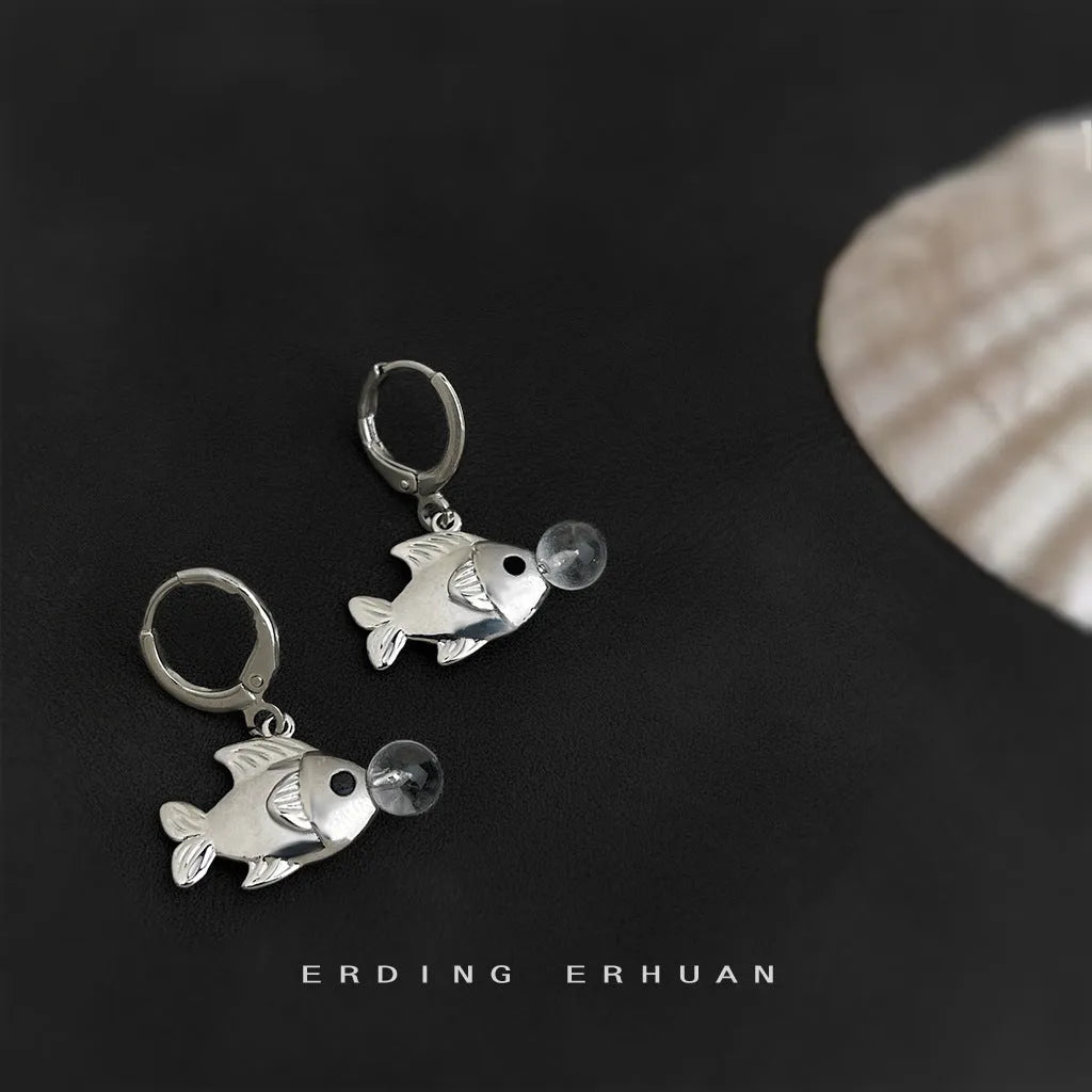 Copper electroplated bubble fish earrings with goldfish animal design