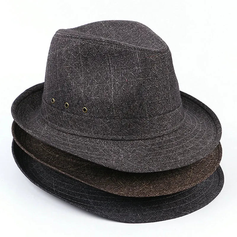 A men's fedora hat for mature gentlemen in thickened suit material or linen, shown in classic colours.