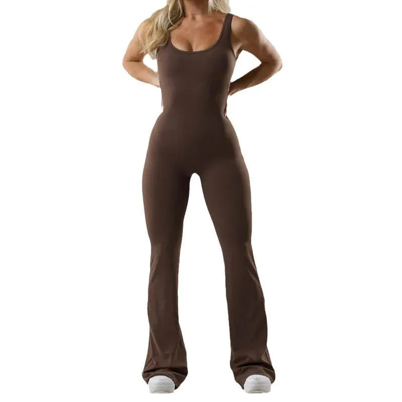 Women's black milk silk yoga bodysuit with seamless hollow design and mid-waist fit.