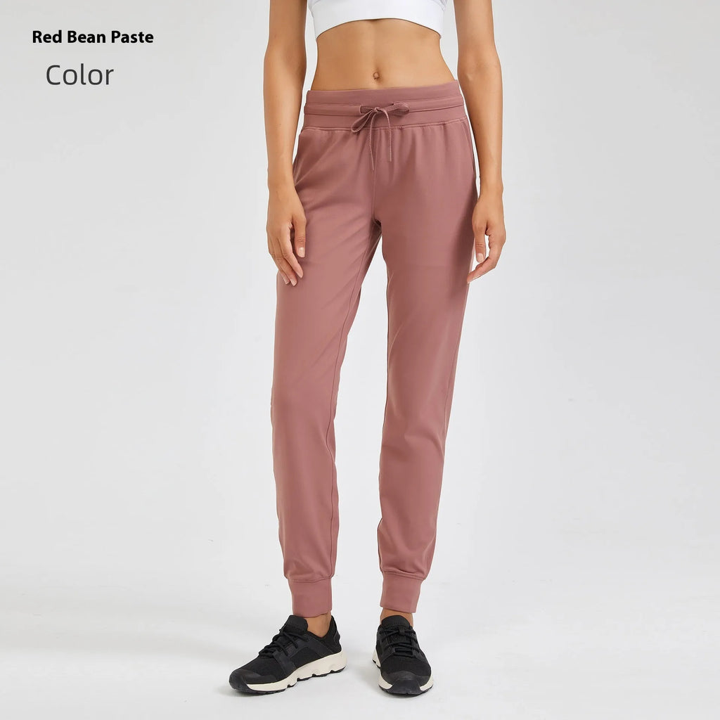 Women's high waist yoga pants in distilled coffee colour with drawstring waistband for fitness activities