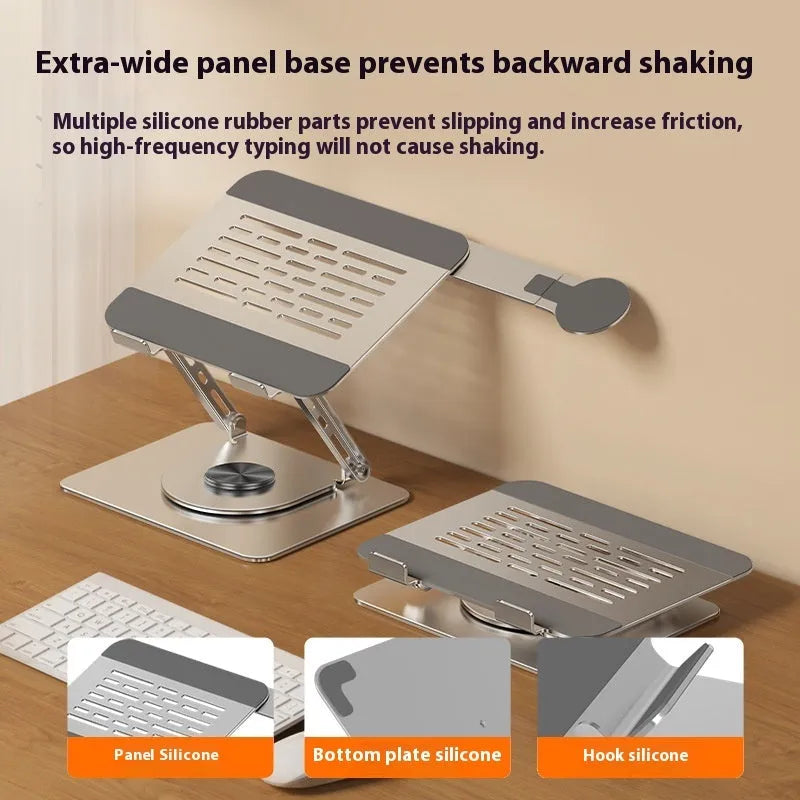 Silver carbon steel laptop stand on a desk, shown rotated with a phone attached to its magnetic holder.