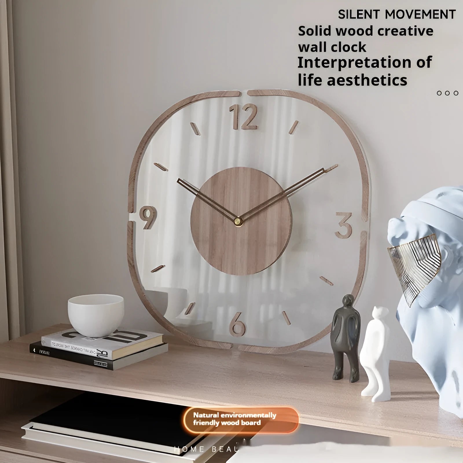 Square transparent wall clock with wooden frame modern design measuring 35cm