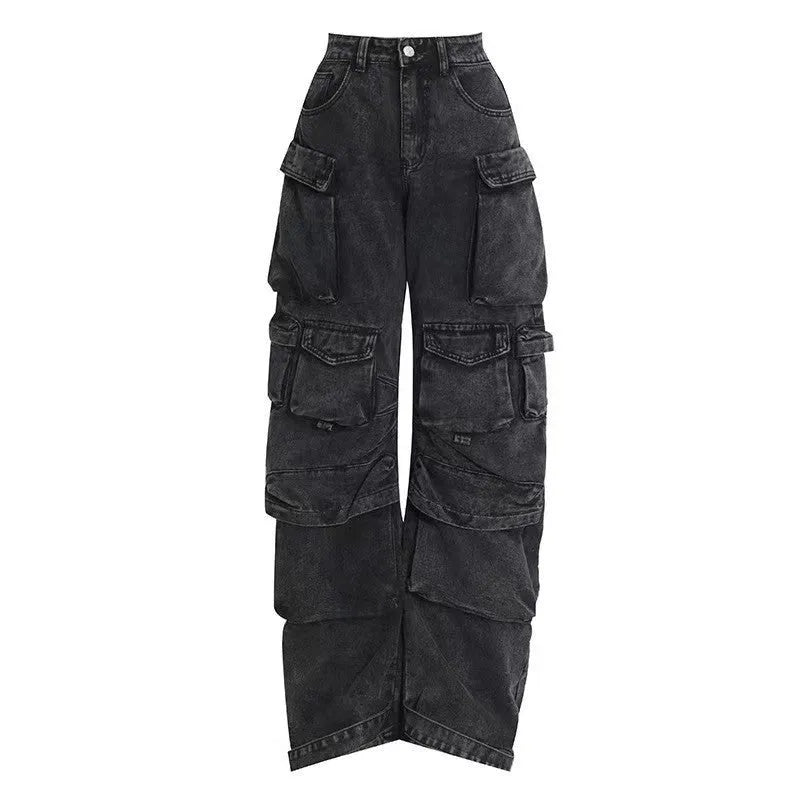 Woman wearing blue tie-dyed high waist wide leg denim trousers with multiple pockets