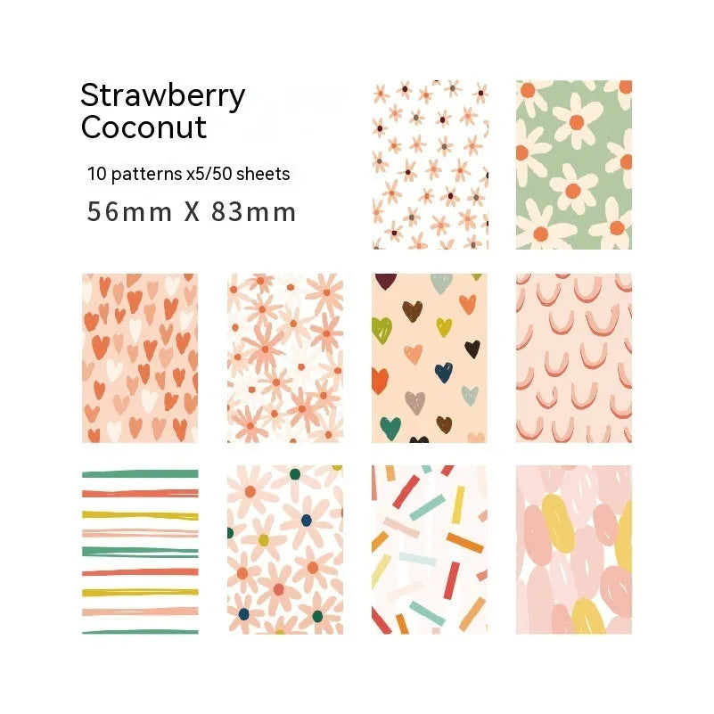 Pack of 50 retro-style collage note papers in ten dessert colours including caramel puff and strawberry coconut.