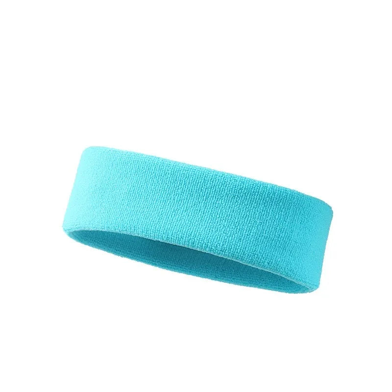 Widening elastic sports sweat headband in solid colour made from polyester spandex.