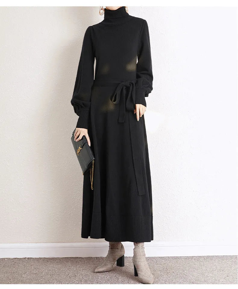Knitted turtleneck dress with mid-length sweater skirt design and elastic waistband