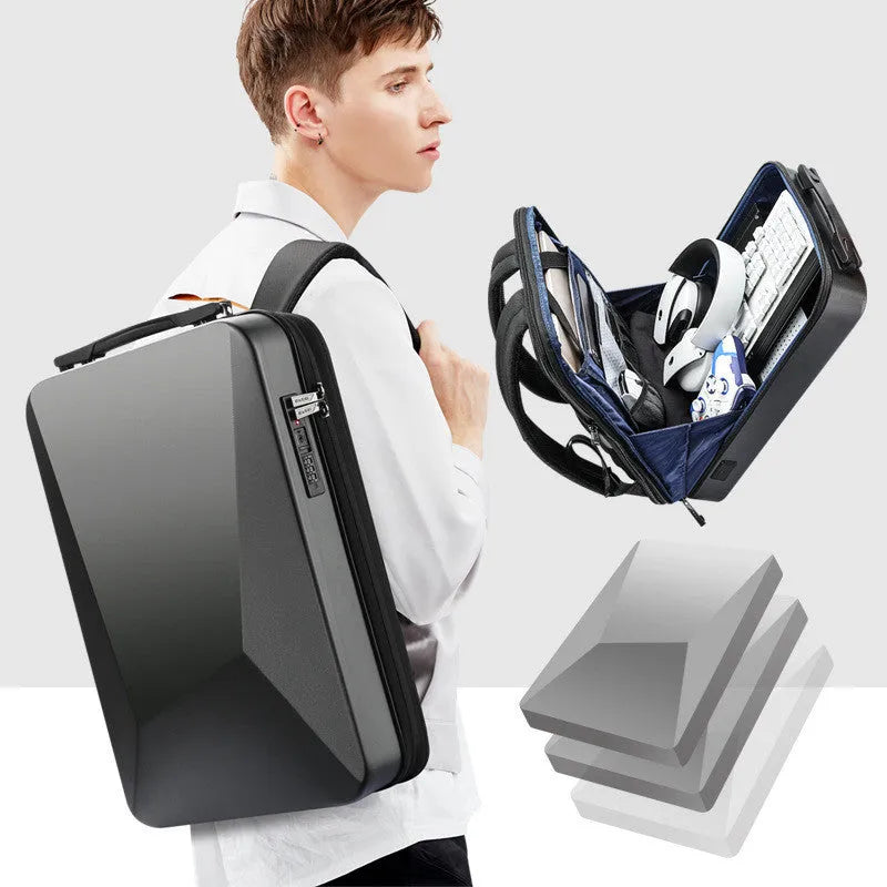 Hard shell PC gaming backpack in titanium gold or black with laptop compartment and shoulder straps