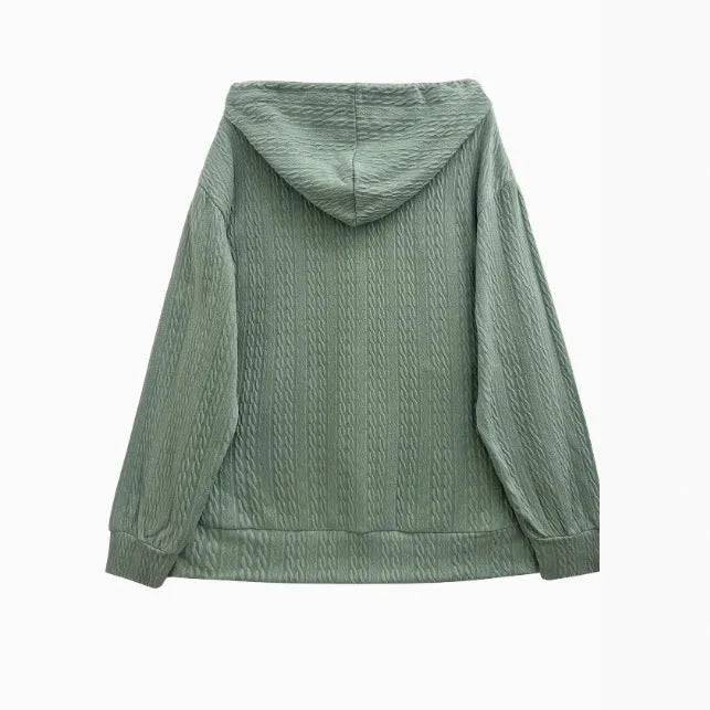 Green women's hooded zipper sweater coat with loose fit in Japanese Korean casual style