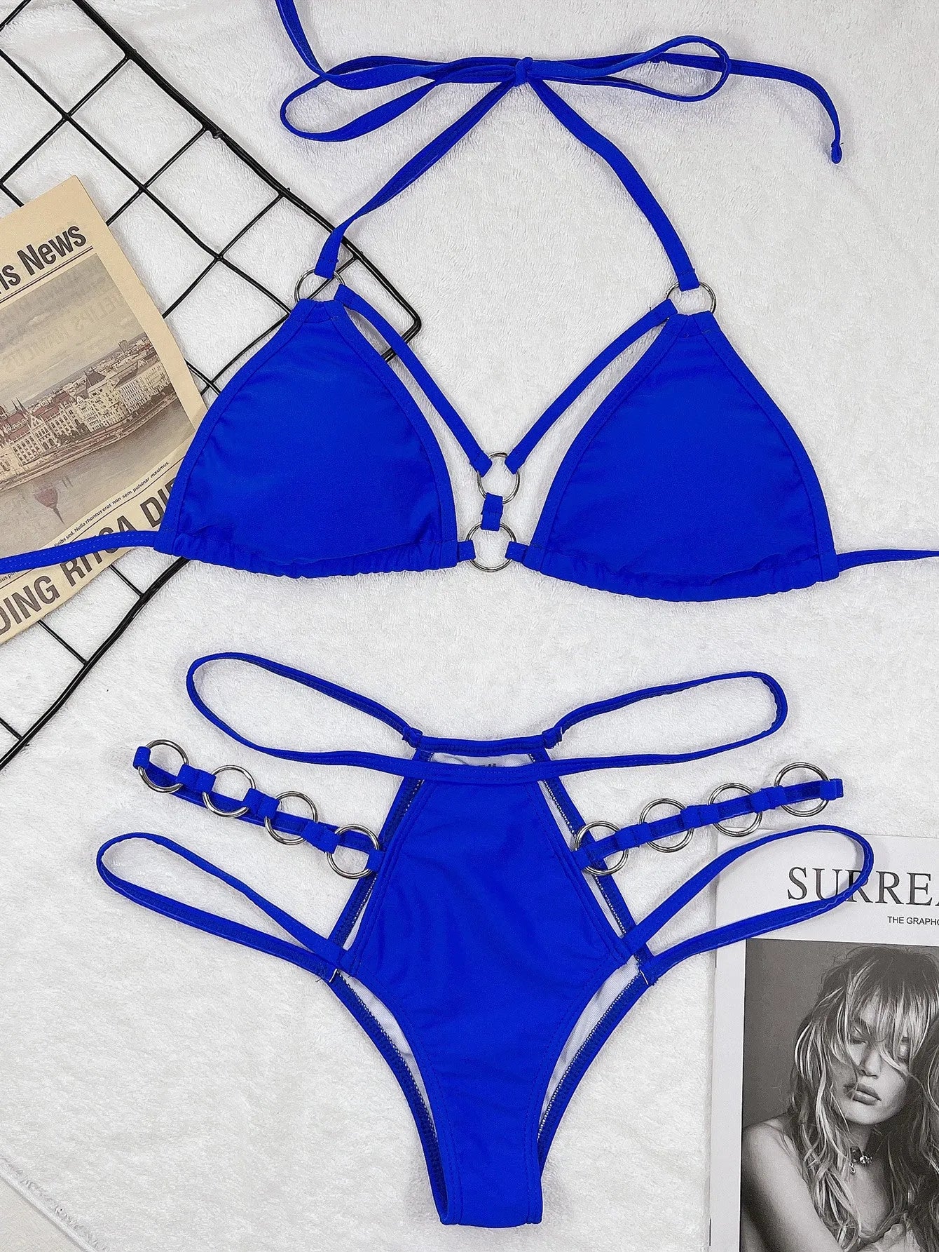 Women's pure colour two-piece nylon bikini swim set in five colour options with separated top and shorts