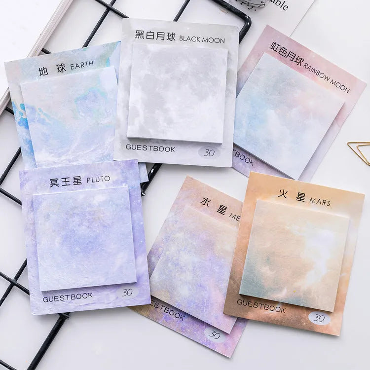 Square oil painting planet sticky note pad showing celestial designs with six colour options