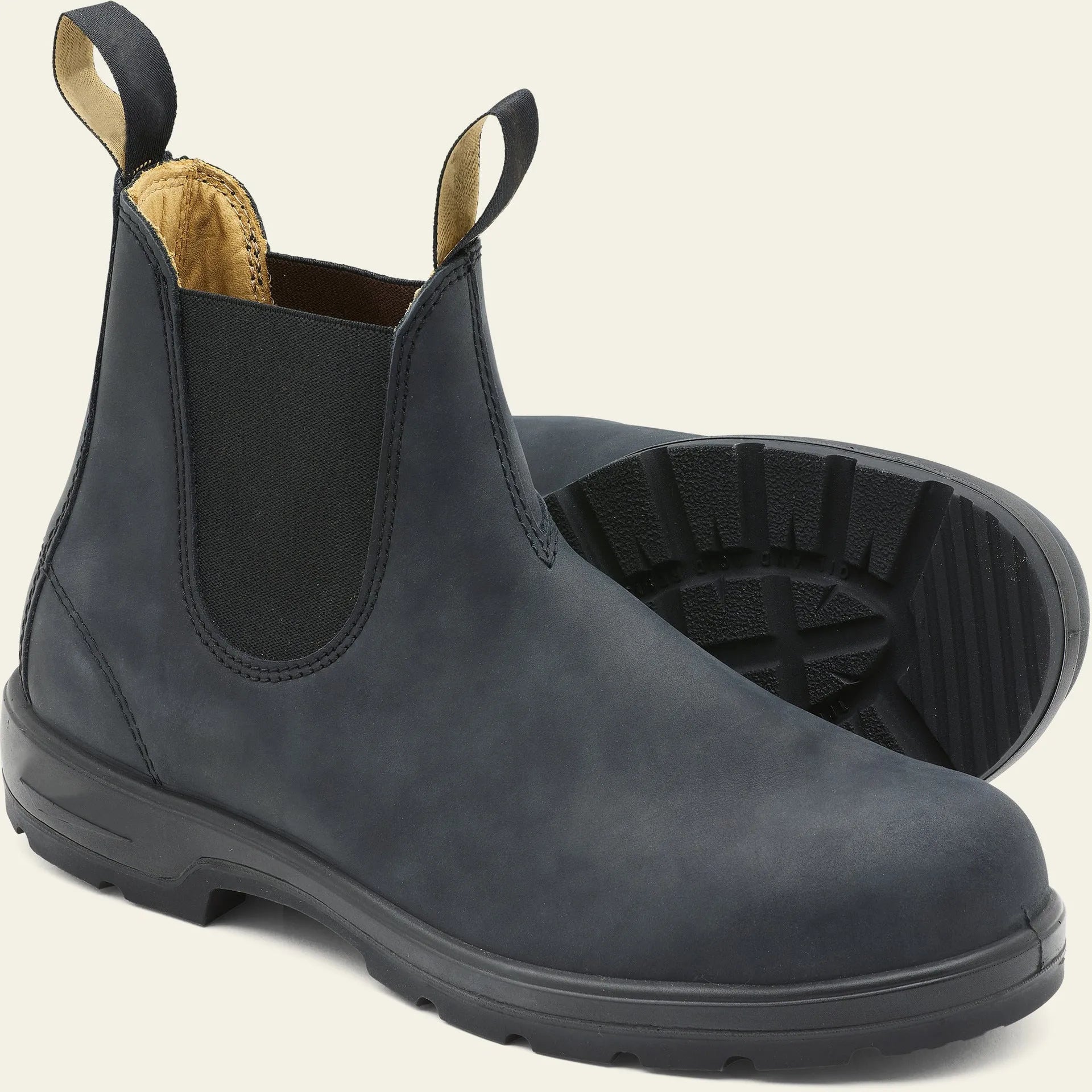 Vintage-style unisex Chelsea boot in frosted brown PU with car suture detail and a low horseshoe heel.