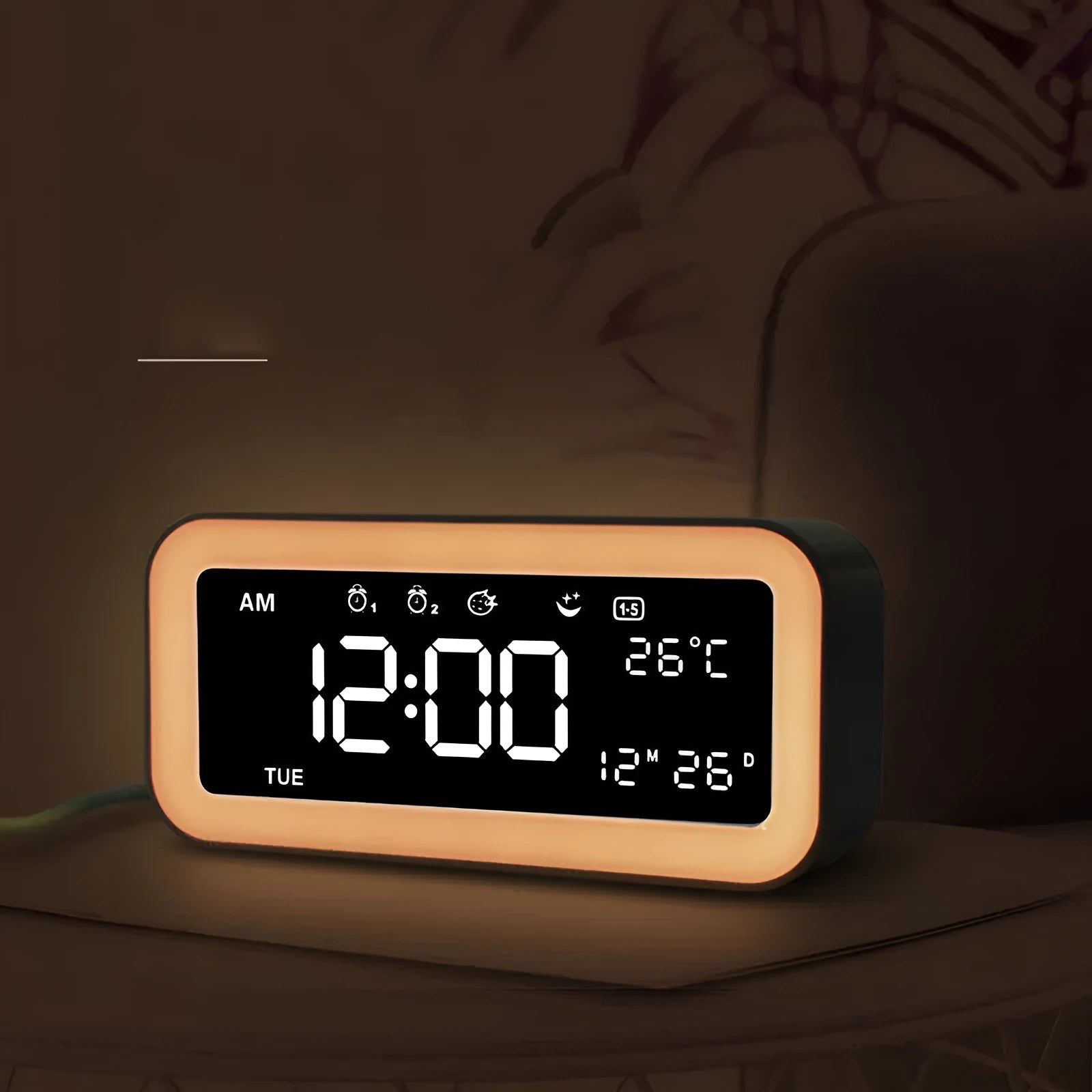 Rectangular blue LED alarm clock with quartz glass display and multicoloured atmosphere lighting functions