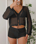 Women's short hollow woven cardigan blouse with bell sleeves in apricot colour