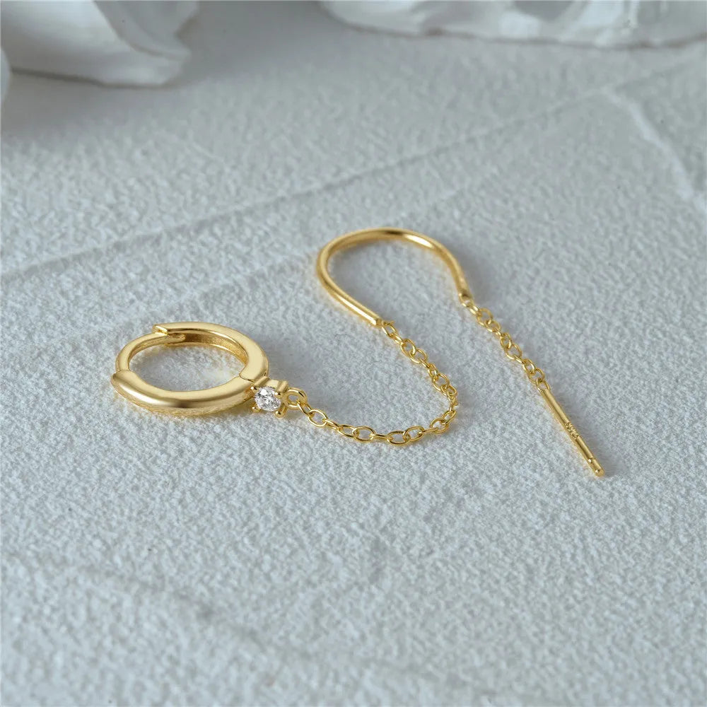 S925 sterling silver flower tassel chain ear studs with geometric shape and gold electroplated finish