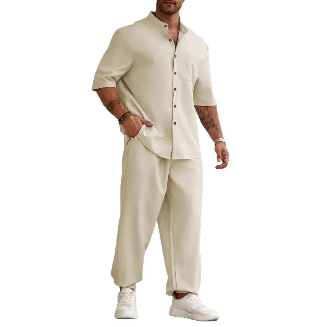 Men's cotton linen casual button short-sleeved trousers set with matching shirt in apricot colour