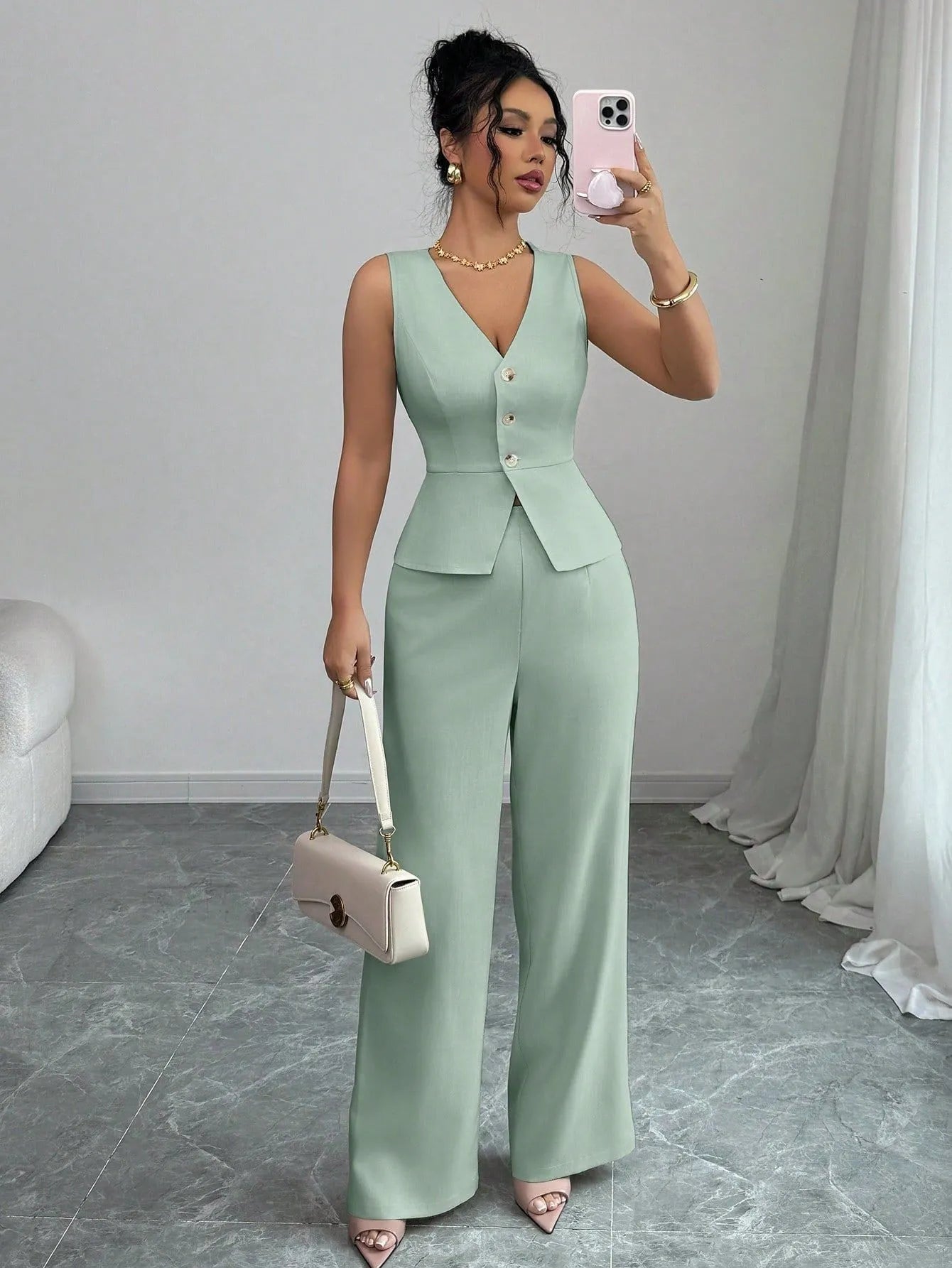 Women's sleeveless vest and high-waist trousers two-piece set in solid colour polyester fabric