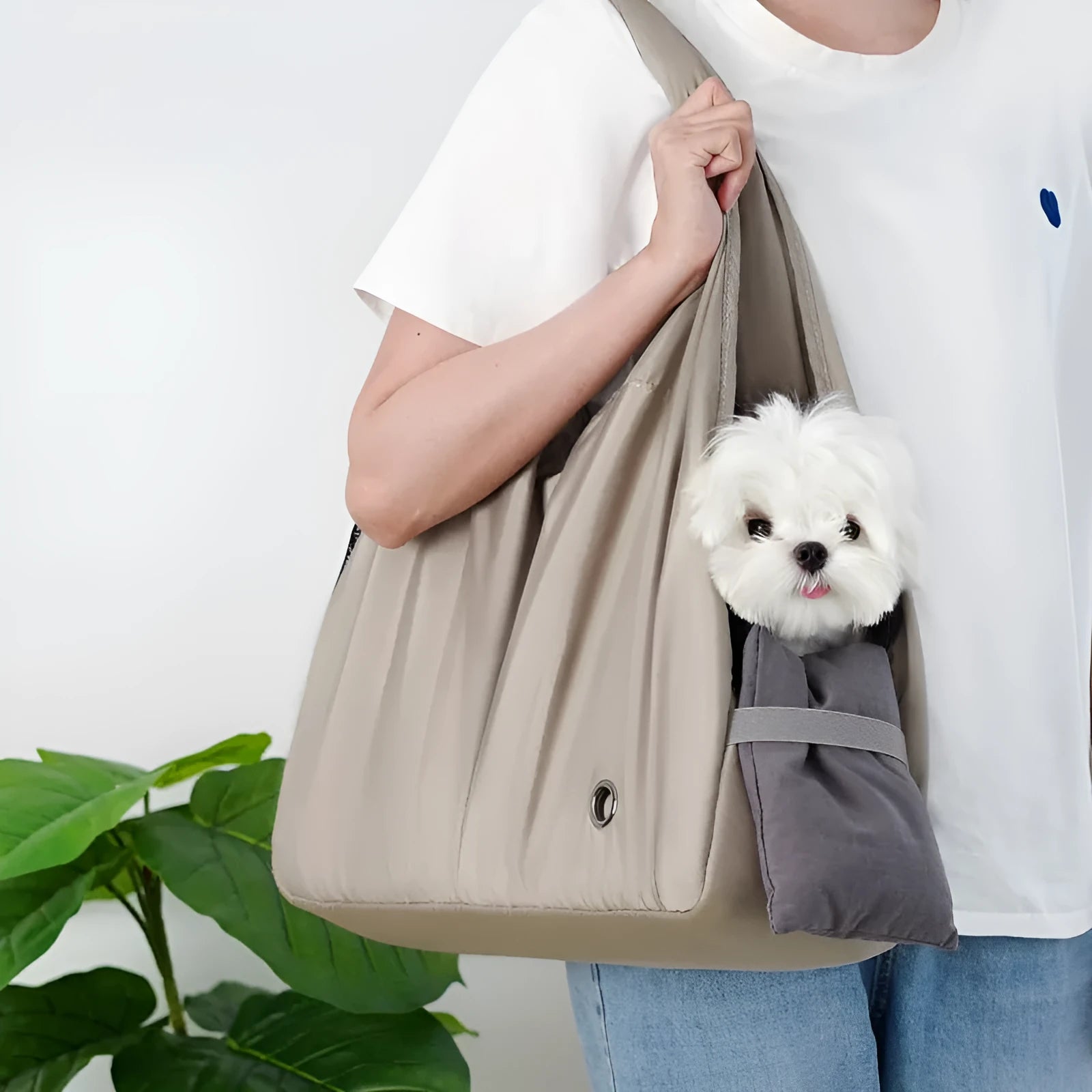 Apricot cloth pet carrier handbag with breathable construction for summer outdoor transport