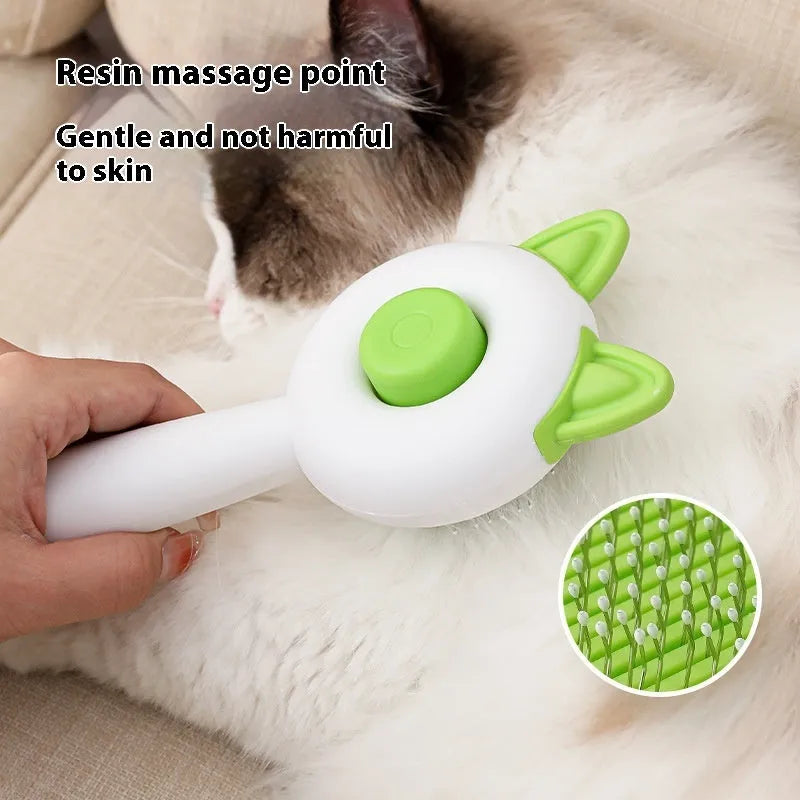 Self-cleaning pet grooming brush for cats with stainless steel teeth in greenish white colour