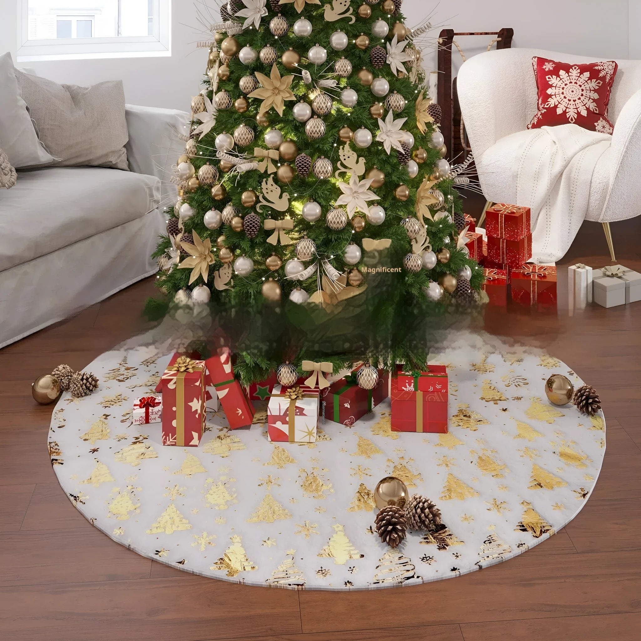 Plush red and green Christmas tree shaped rug with snowflake and star decorations on a wooden floor.