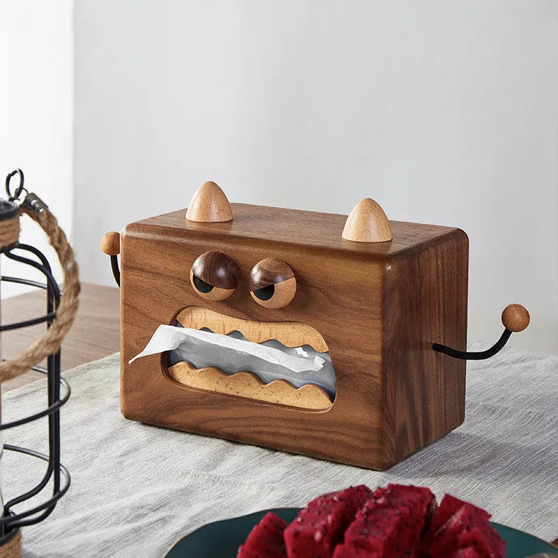 Wooden cartoon Little Monster tissue box in walnut beech colour