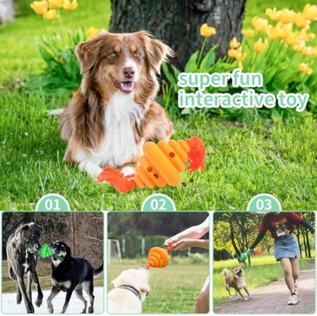 Green dog ball with rope toy showing split design and food dispenser hole