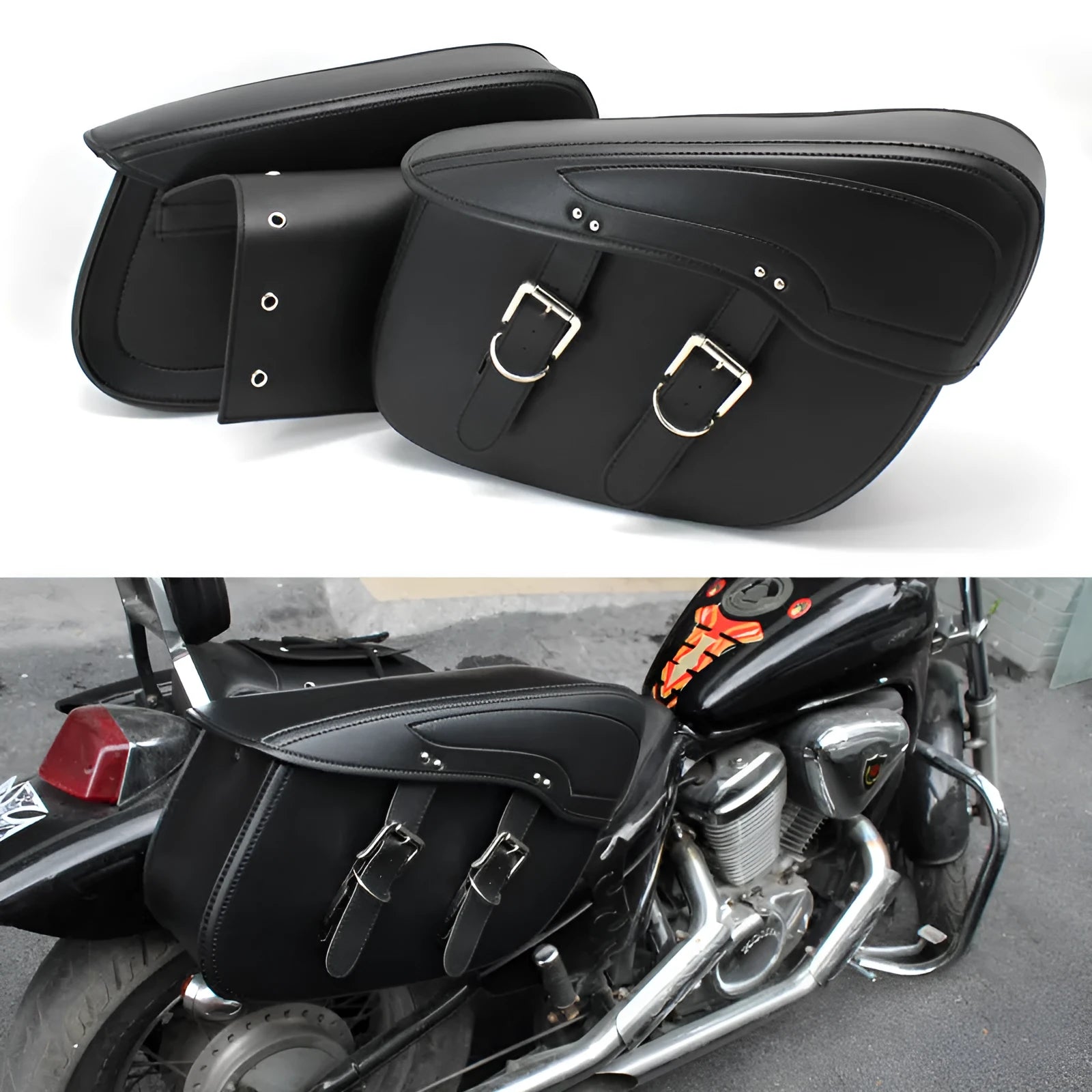 Retro wind motorcycle side box saddle bag in PU leather showing black and coffee brown colour options