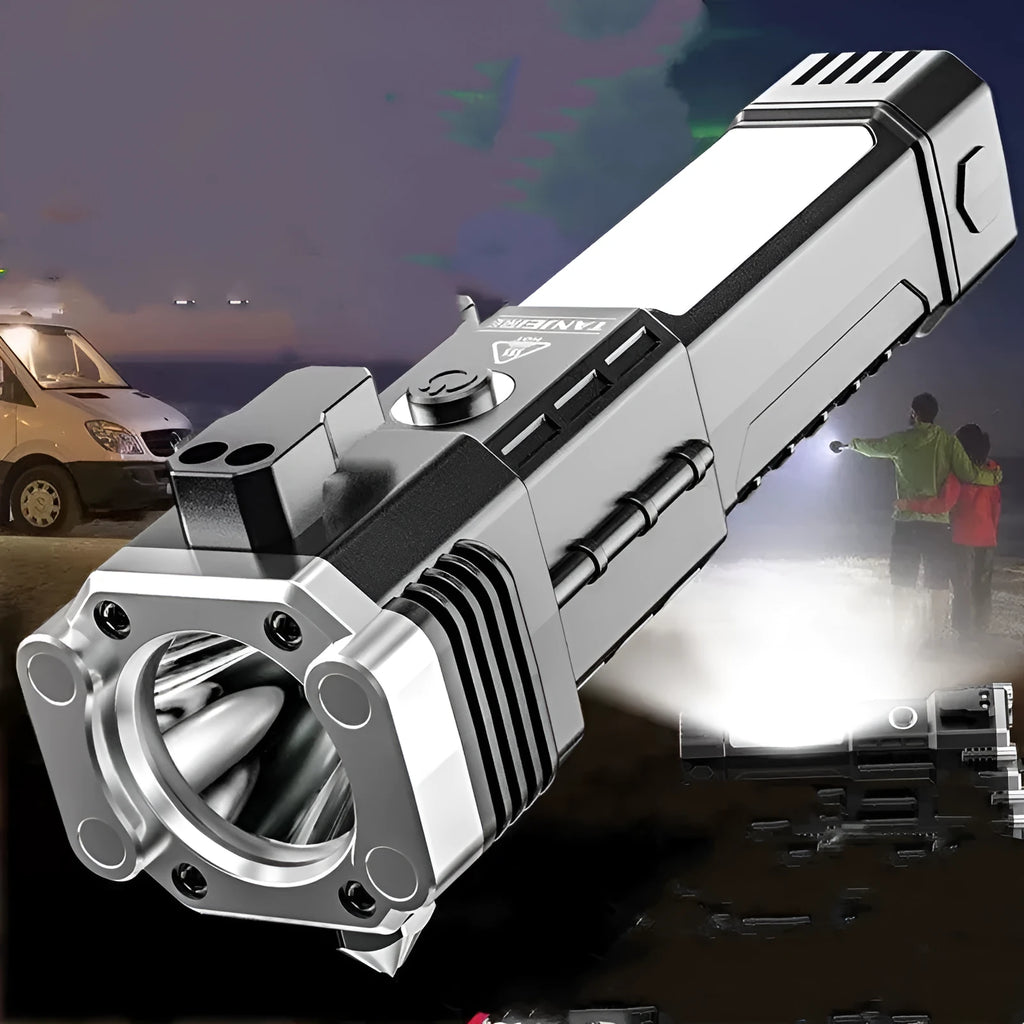Silver coloured plastic IP44 waterproof power bank flashlight with strong LED light for outdoor use.