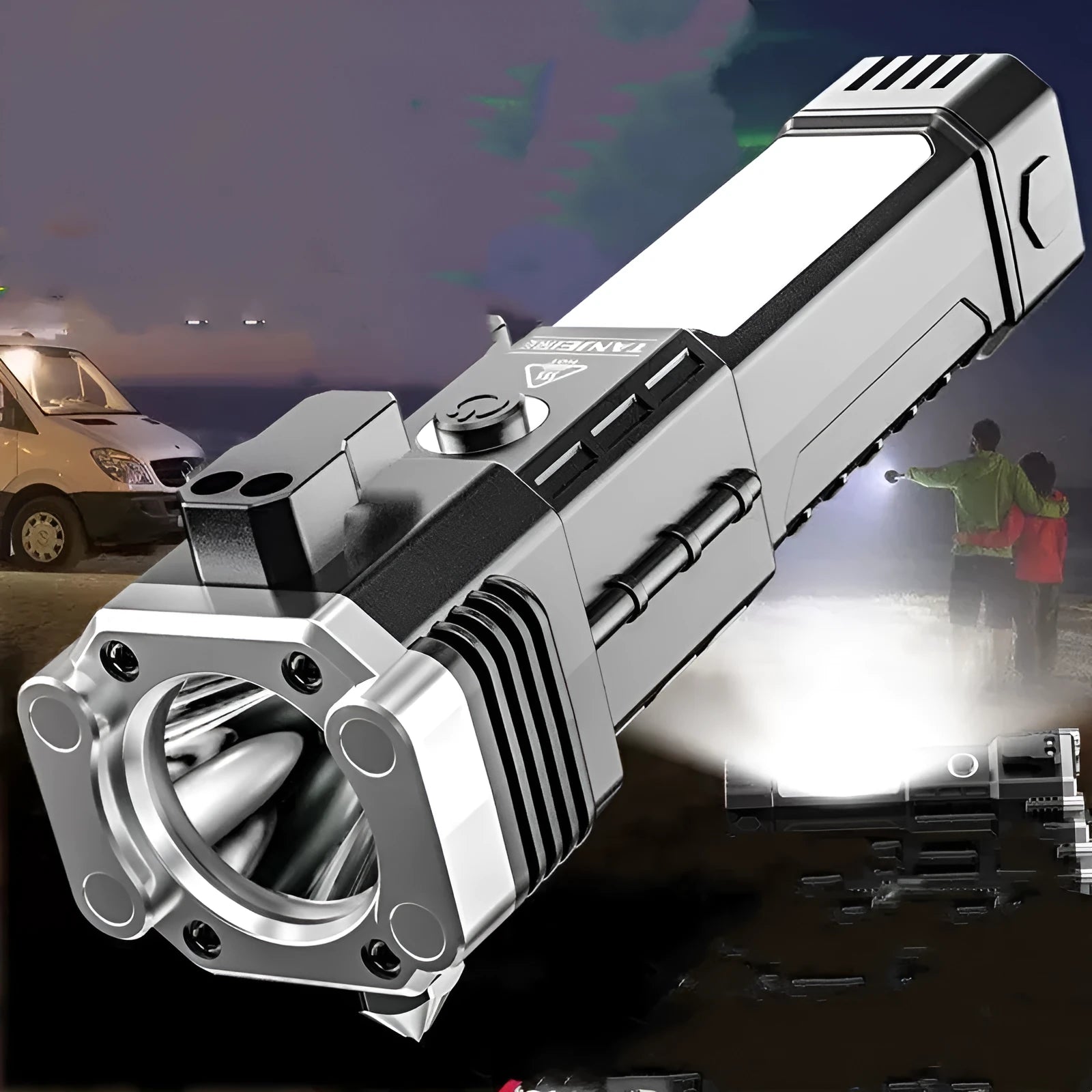Silver coloured plastic IP44 waterproof power bank flashlight with strong LED light for outdoor use.