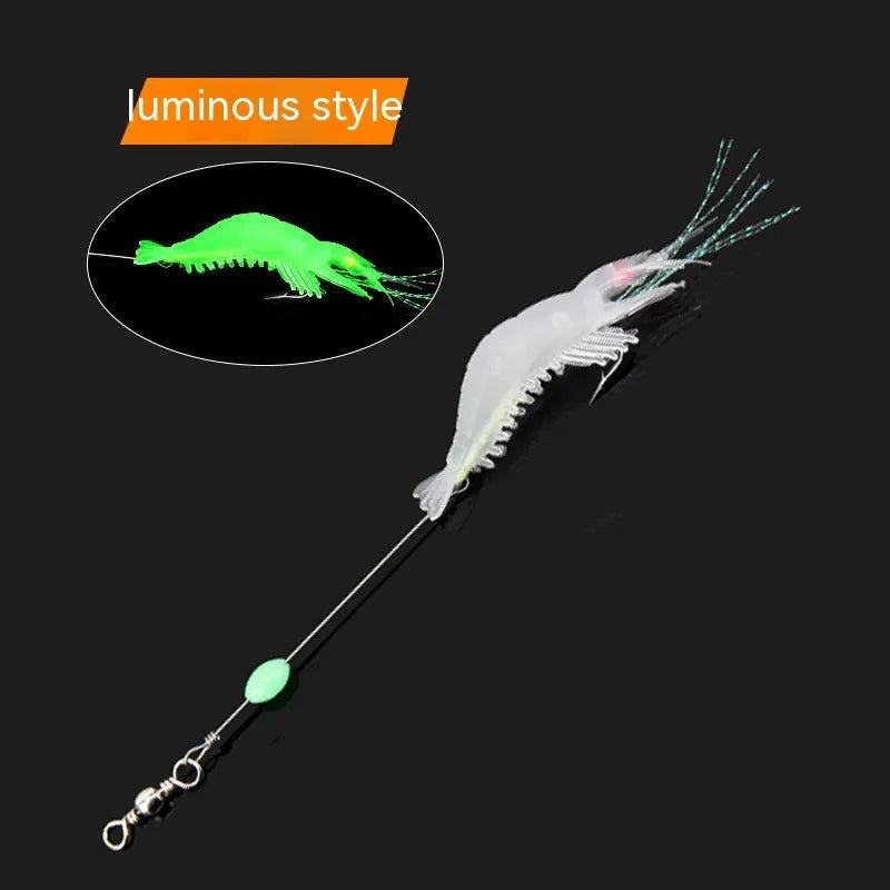 Six soft fishing lures with hooks in different colours including luminous and transparent variations
