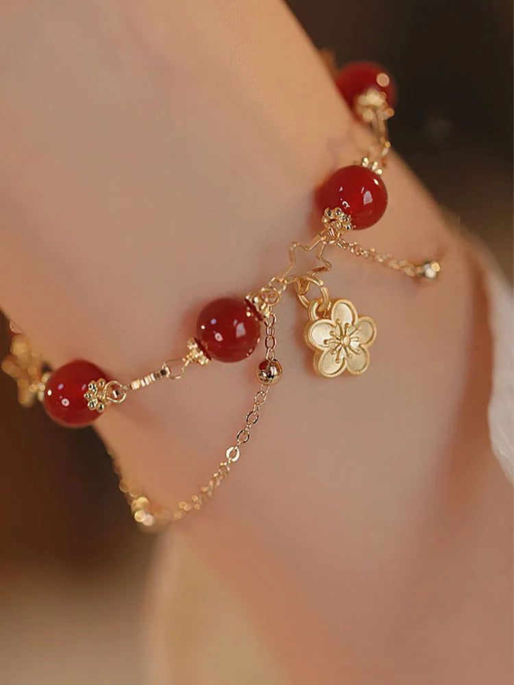 Red agate double layer bracelet with floral patterns for women