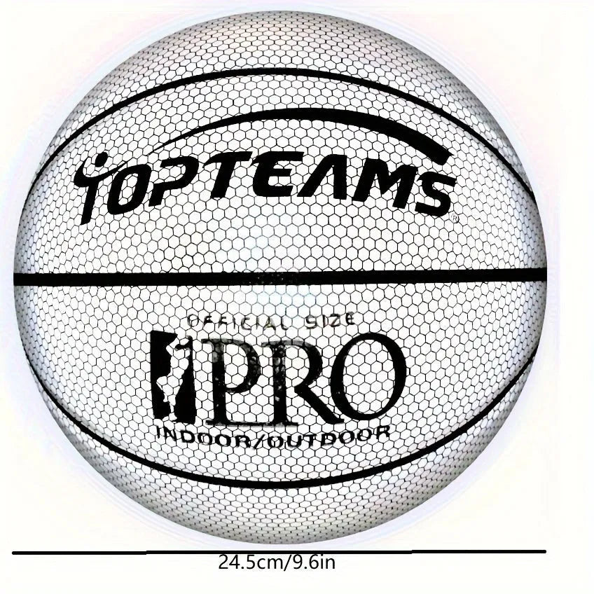 Holographic reflective basketball with fluorescent coating showing size 7 dimensions and wear-resistant PU surface