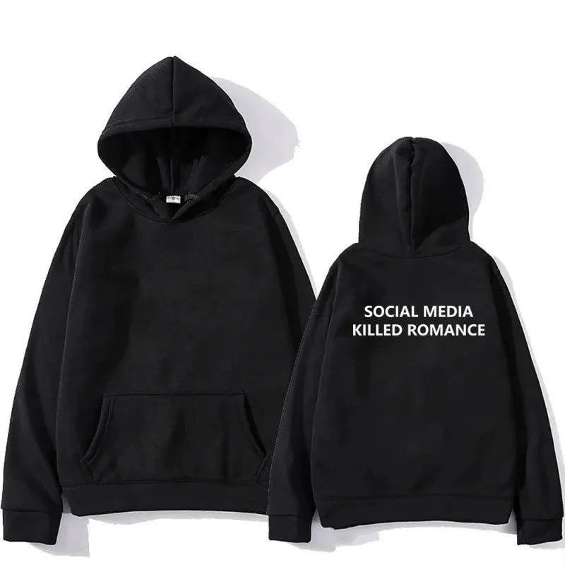 Man wearing a slim fit grey hoodie with a printed white spring letter pattern on the front.