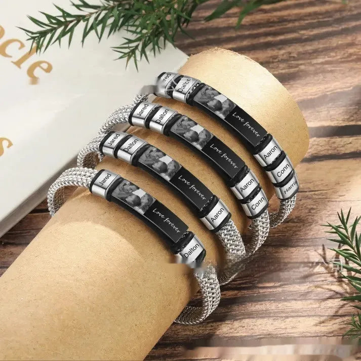 Men's titanium steel and leather rope bracelet with heart shape and bead lettering options in a gift box.