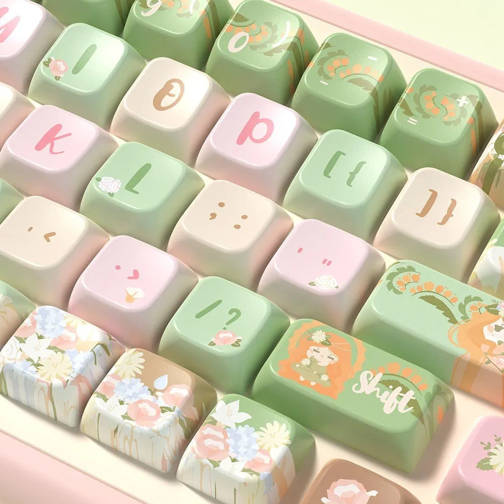 Garden-themed mechanical keyboard key cap set showing botanical designs on multiple keys