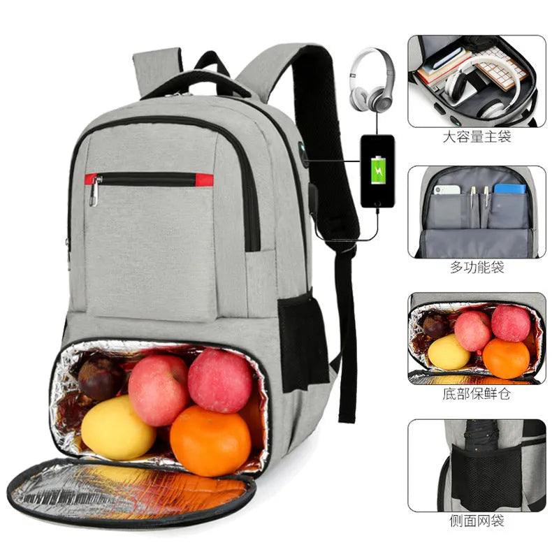 Light grey Oxford cloth insulated backpack with curved shoulder straps and dry wet separation compartments