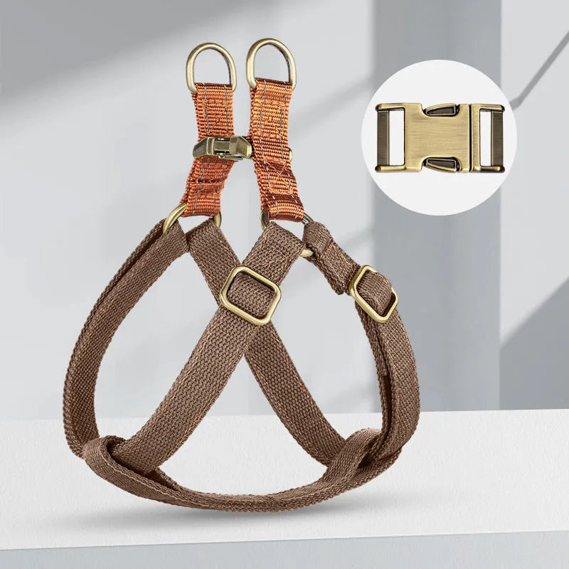 Brown vest style dog leash harness with alloy fastener for small to medium dogs