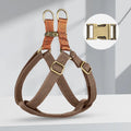 Brown vest style dog leash harness with alloy fastener for small to medium dogs