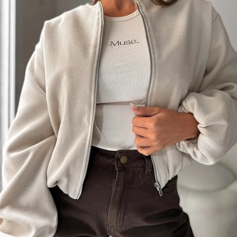 Women's off-shoulder round neck coat with lantern sleeves in milky white colour