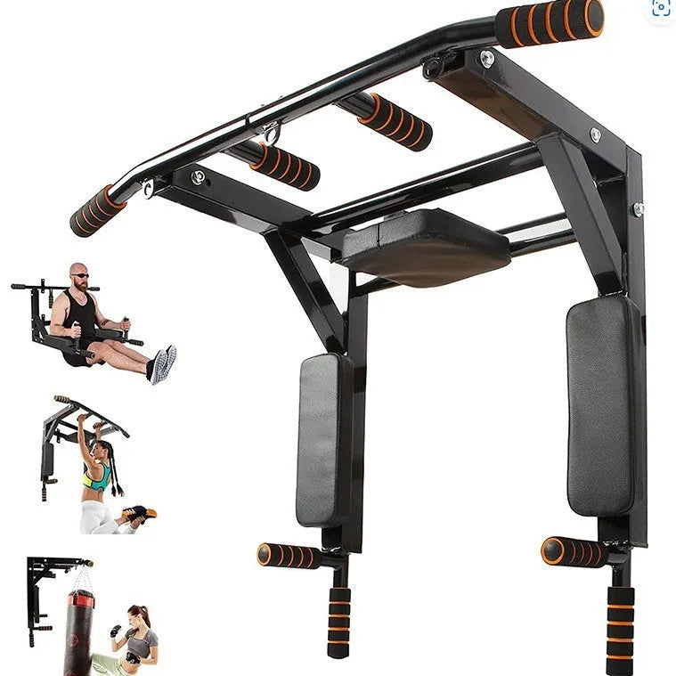 Black wall-mounted metal fitness station with a sandbag rack and single parallel bars for pull-ups