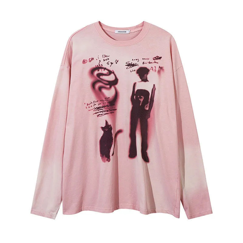 Dark grey women's loose cotton pullover top with long drop-shoulder sleeves and a graphic letter print.