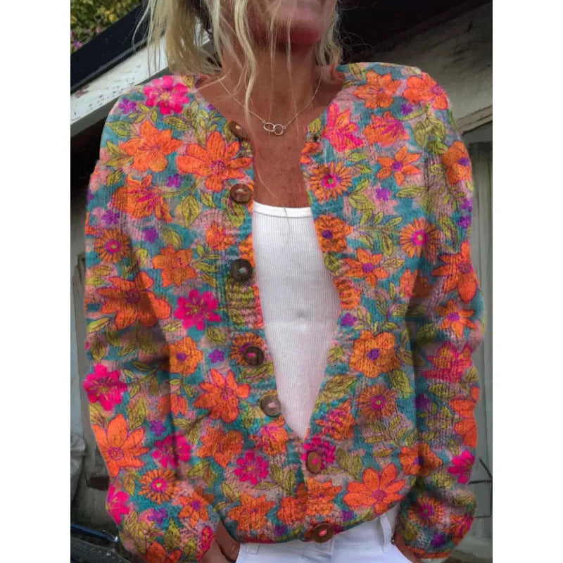 Yellow women's cardigan knitted coat with 3D stereo pattern digital printing, showing front view with regular sleeves