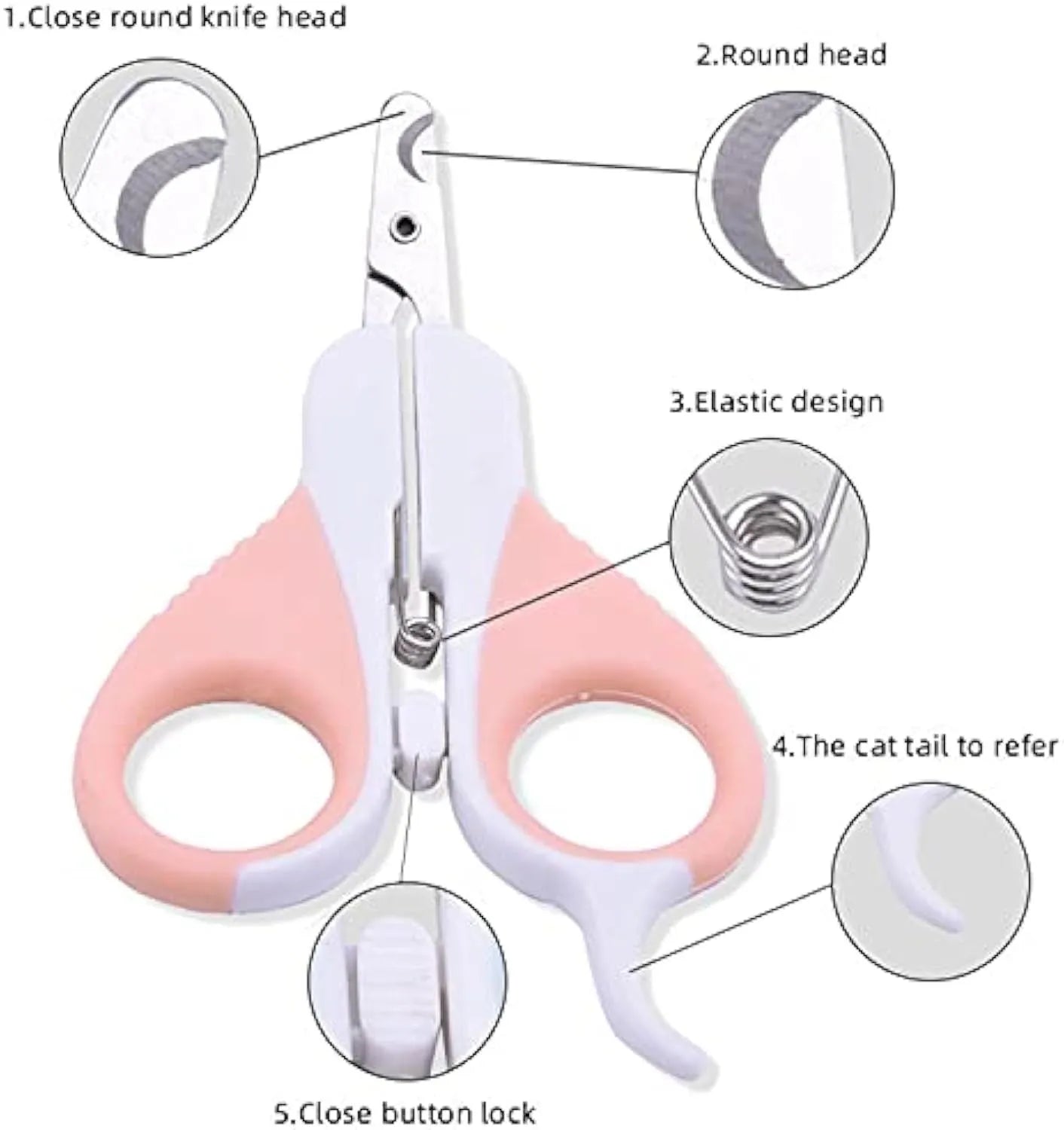 Grey and pink angled blade cat nail clippers with safety guard on a non-slip handle