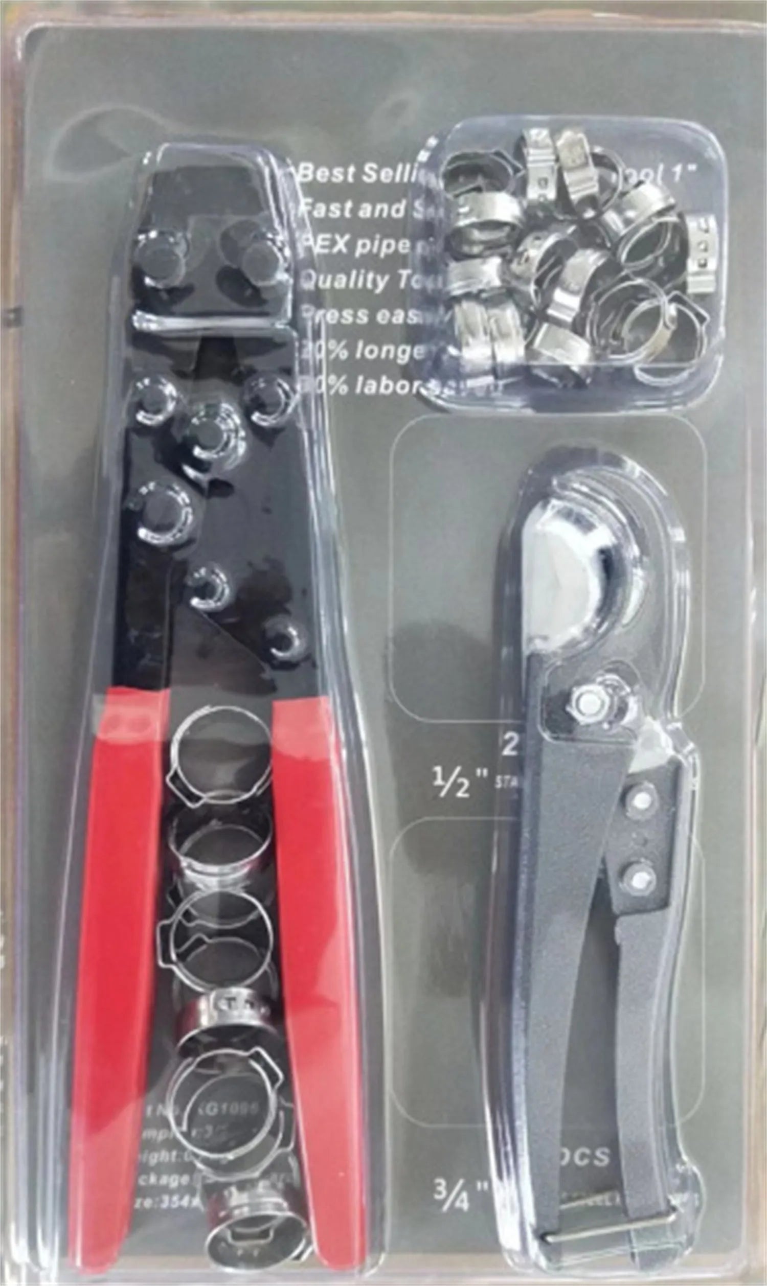 Red cloth pouch containing metal PEX clamp tool with single ear mechanism and carbon steel cutting edge