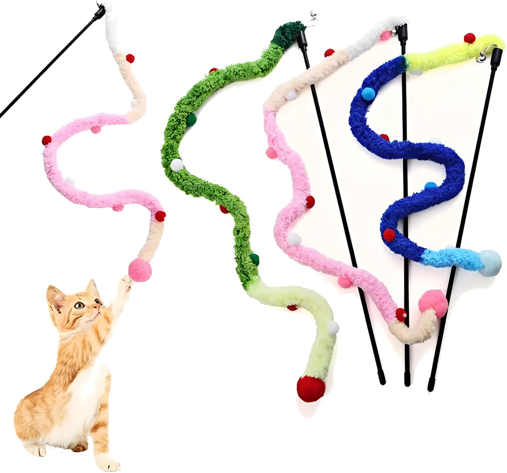 Cat wand toy with colourful plush strip and bell attachment on 41cm pole