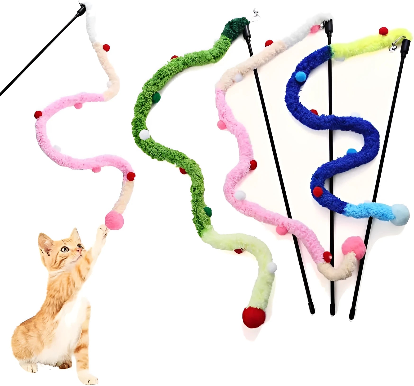Cat wand toy with colourful plush strip and bell attachment on 41cm pole