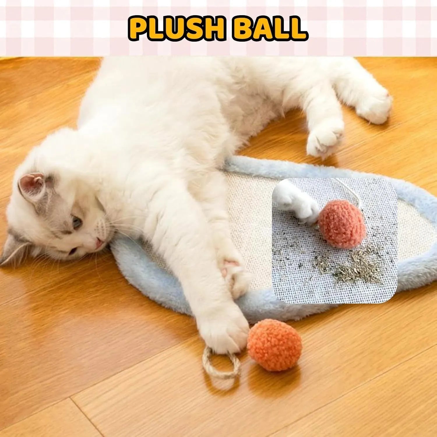White wall-mounted cat scratching mat with cartoon sleeping cat design made from natural sisal.