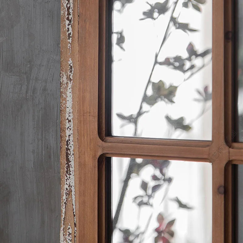 Terrace distressed fake window wall mirror with wooden frame and log colour finish