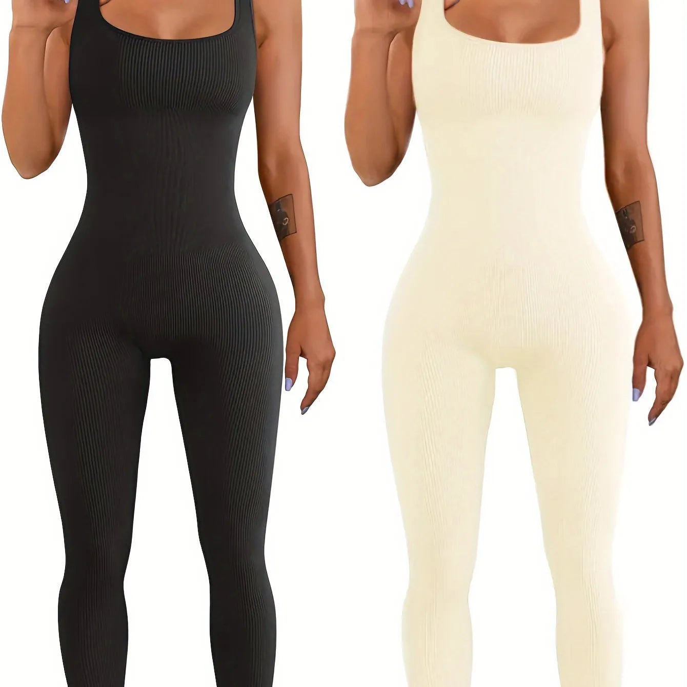 Women's beige suspender tank top tights with button detailing and long sleeves made from spandex fabric.